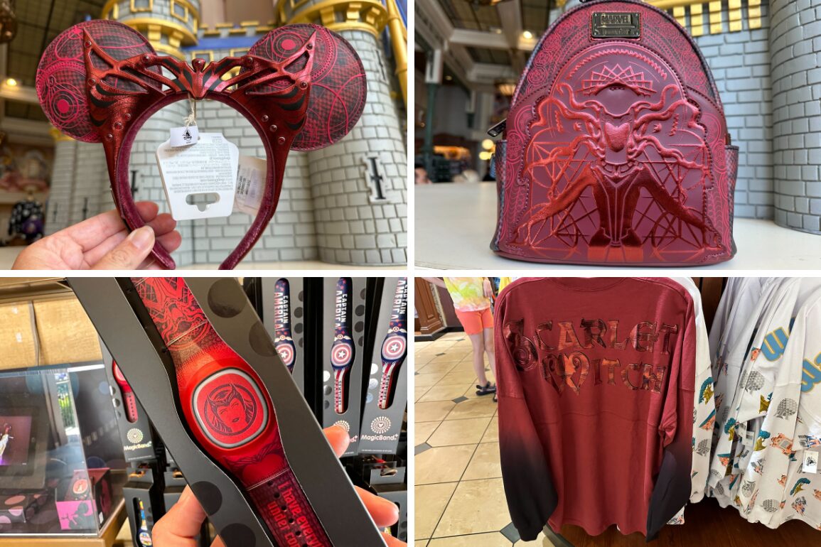 A collage of four images shows Marvel-themed merchandise, including a headband, a backpack, a watch, and a jacket, all in red and black colors.