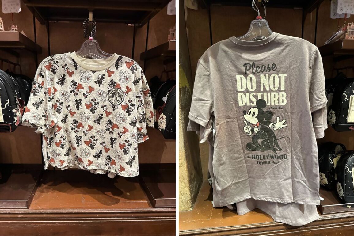 Two t-shirts on display: the left shirt features an all-over Mickey Mouse print, while the right shirt has an image of Mickey Mouse with "Please Do Not Disturb" and "Hollywood Tower Hotel" text.