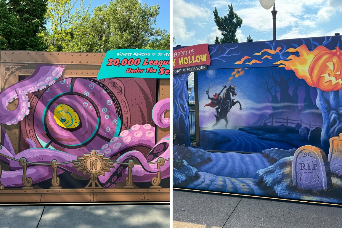 Split image of two themed murals: the left depicts the Nautilus submarine surrounded by tentacles from "20,000 Leagues Under the Sea," and the right depicts the Headless Horseman from "The Legend of Sleepy Hollow.