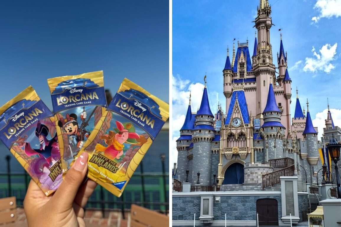 A hand holding Disney Lorcana trading card game packs on the left; on the right, a view of a castle with blue rooftops under a clear sky.