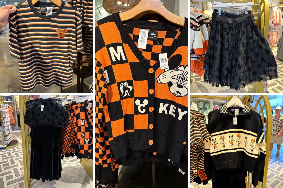 A collage of various pieces of Mickey Mouse-themed clothing: a striped t-shirt, orange and black checkered cardigan, black skirt, black dress, and a black and white long-sleeved top.