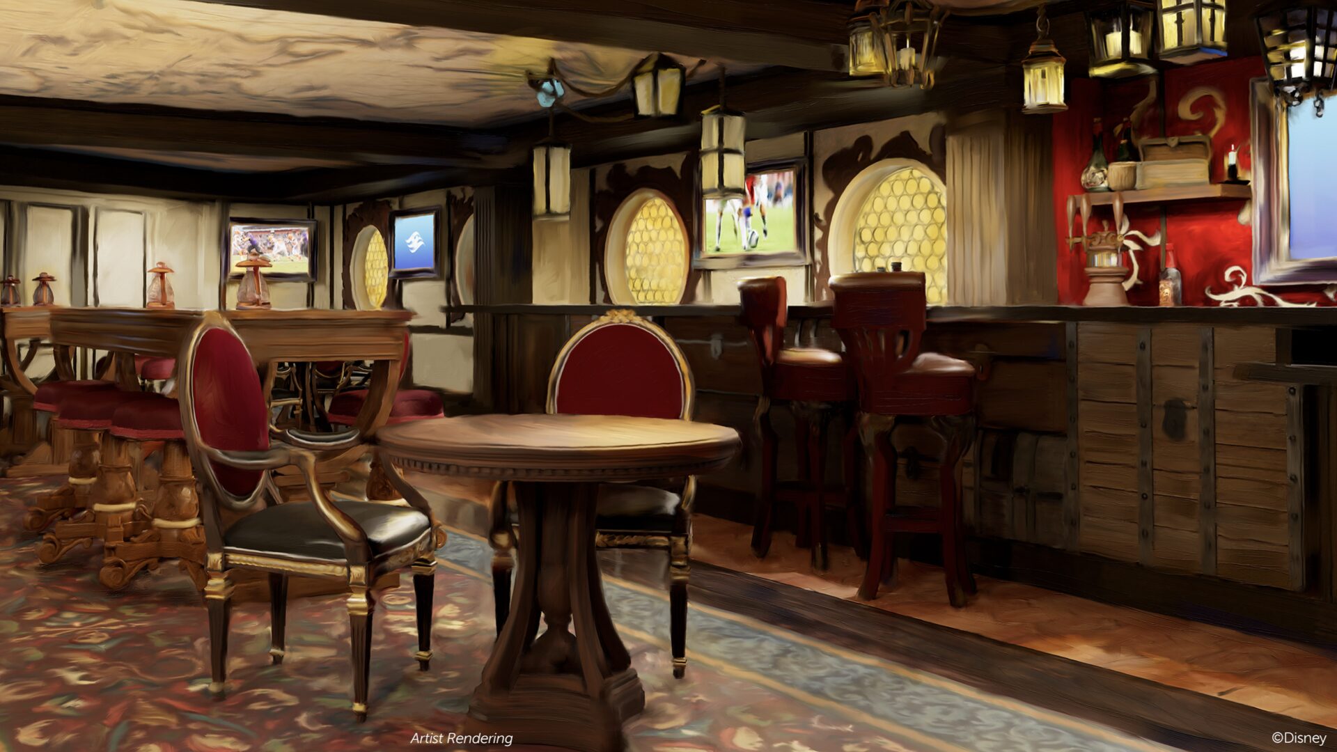 A digitally rendered image of a cozy bar interior with round tables, red upholstered chairs, wooden bar stools, and ambient lighting. Two TVs display sports channels, and the decor has a vintage feel.