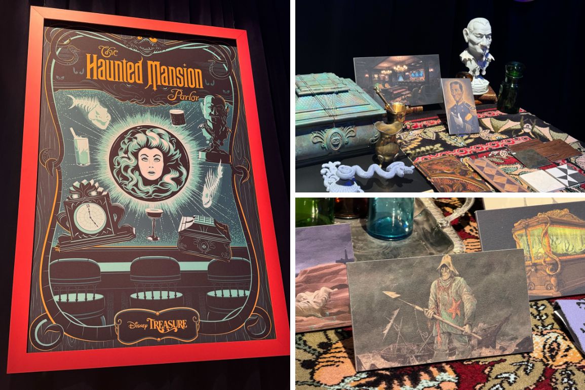 A framed Haunted Mansion poster is on the left. On the right, there are various themed items like a bust, goblet, tarot cards, and an eerie illustration arranged on a table.