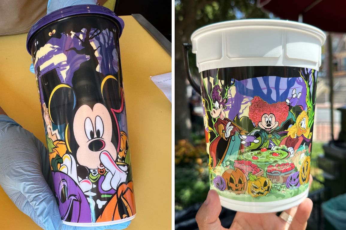 Two images of theme park souvenir popcorn buckets. The left Halloween popcorn bucket features Mickey Mouse in a festive scene, while the right bucket displays villains from an animated movie in a spooky setting.