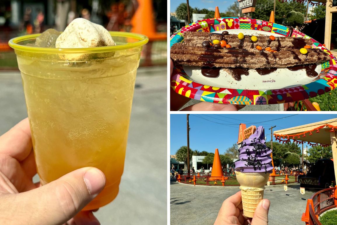 In an outdoor setting at the Cozy Cone Motel, a hand holds a yellow drink with a large foam ball, another presents a plate of churros with chocolate and candy toppings, while yet another showcases a purple ice cream cone adorned with drizzle and toppings.