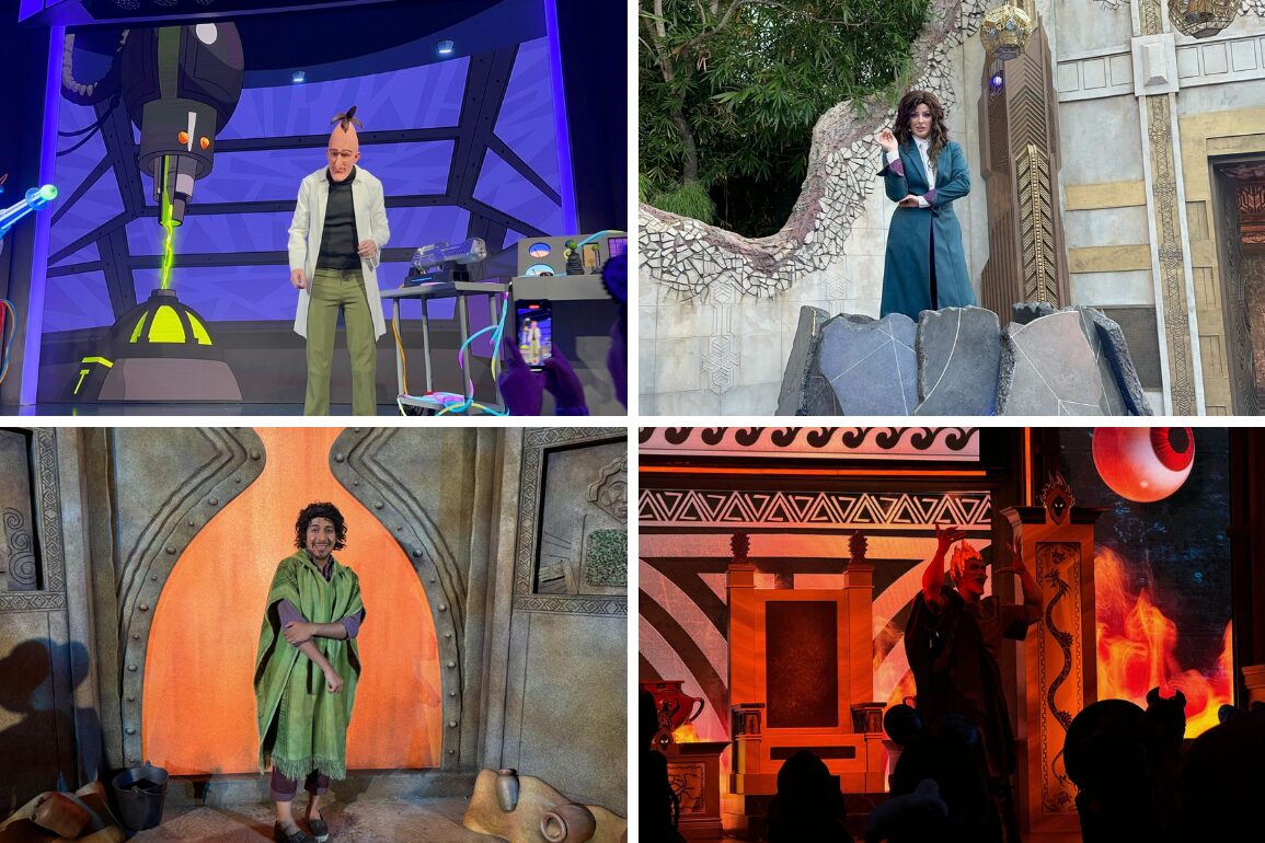 A collage of four different costumed characters performing in themed settings. The top left shows a character in a lab coat, the top right a character in a green robe, the bottom left a character in green clothing, and the bottom right a character in a brown robe, as if on an adventurous trick or treat trail.