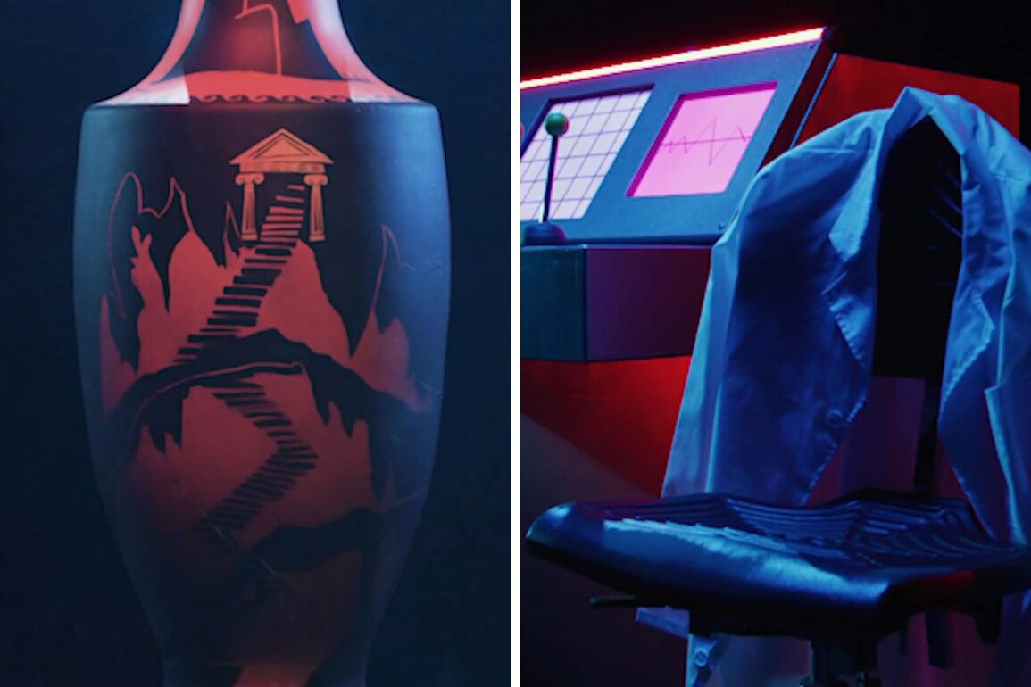 Side-by-side image: Left shows a Greek-style vase with a painting of a temple and staircase. Right shows a modern control panel with a draped white coat on a chair.