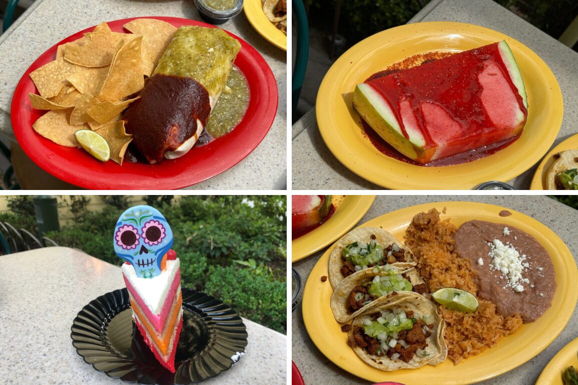A collage of Mexican dishes, inspired by Plaza de la Familia, includes enchiladas with chips, watermelon jelly dessert, a colorful cake slice with a skull decoration, and a plate of tacos with rice and beans.