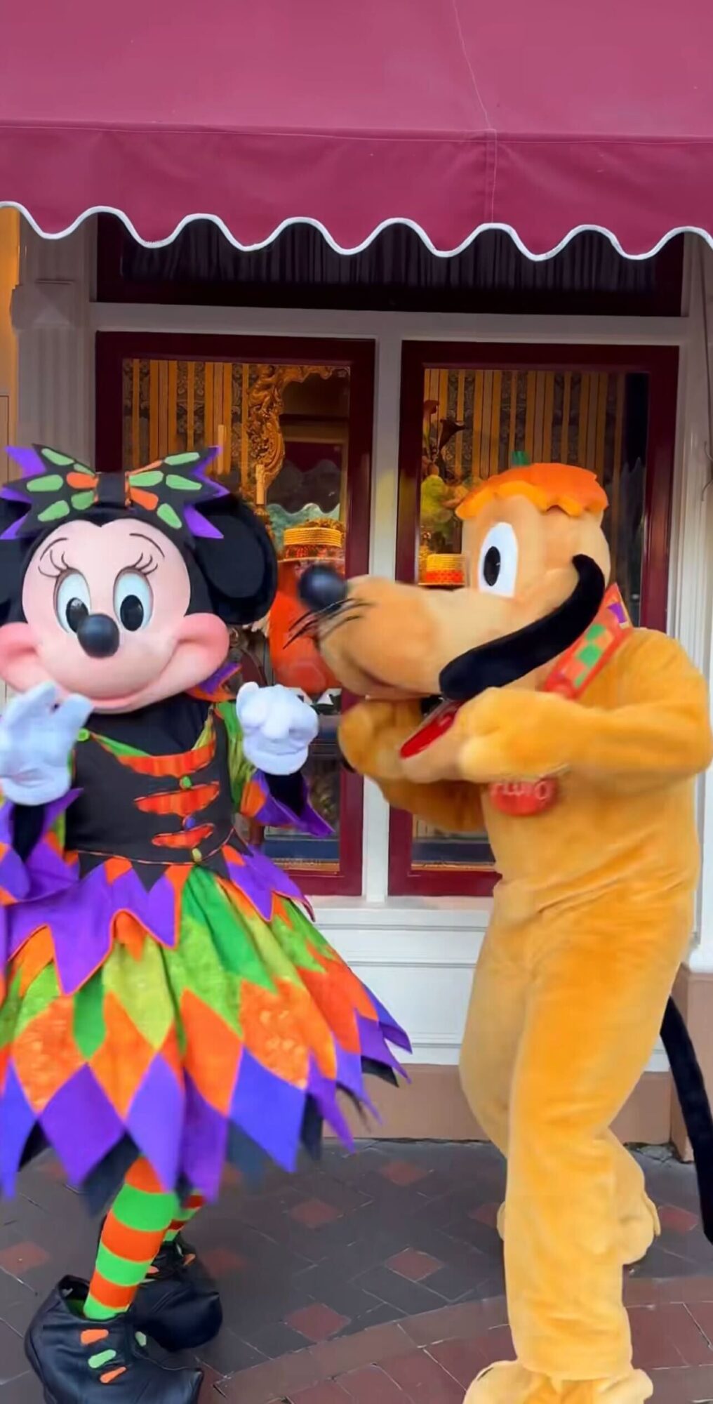 Two people dressed in Minnie Mouse and Pluto costumes stand outside a storefront decorated for Halloween. Minnie wears a colorful witch costume while Pluto has a pumpkin-themed hat.