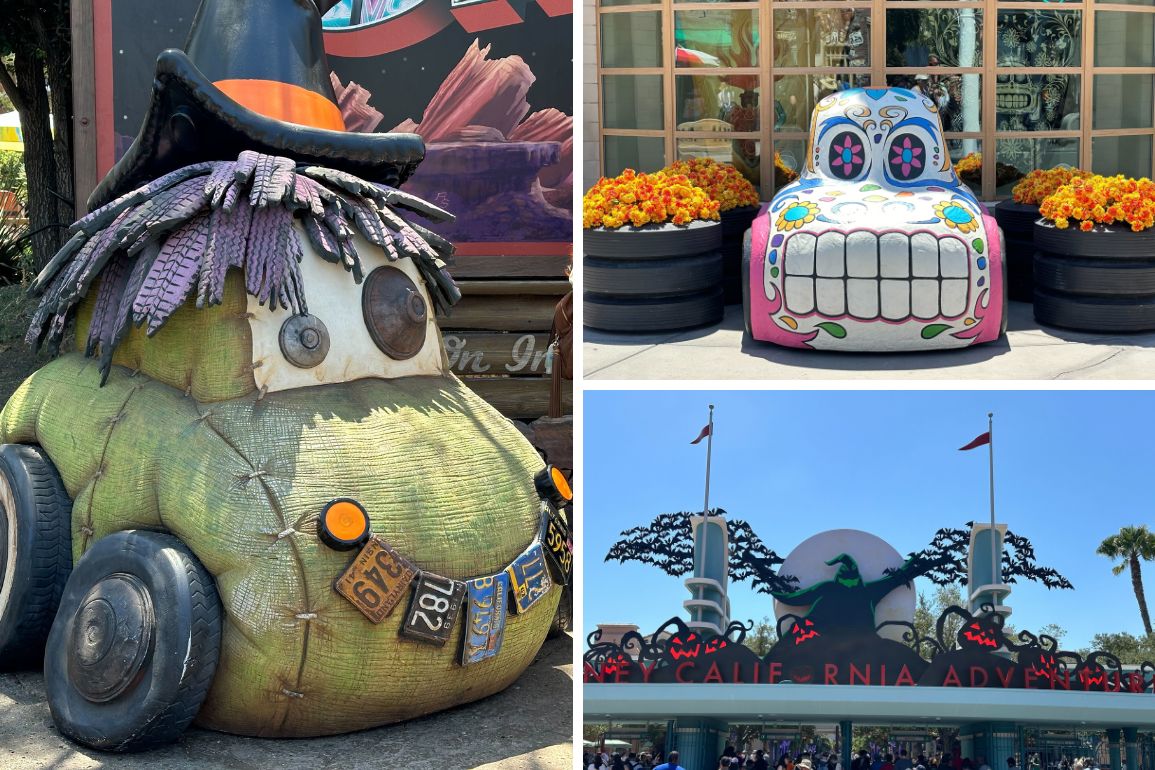 Three images: a witch-themed car figure with a black hat, a car figure decorated as a sugar skull, and the entrance of California Adventure adorned with Halloween decor.
