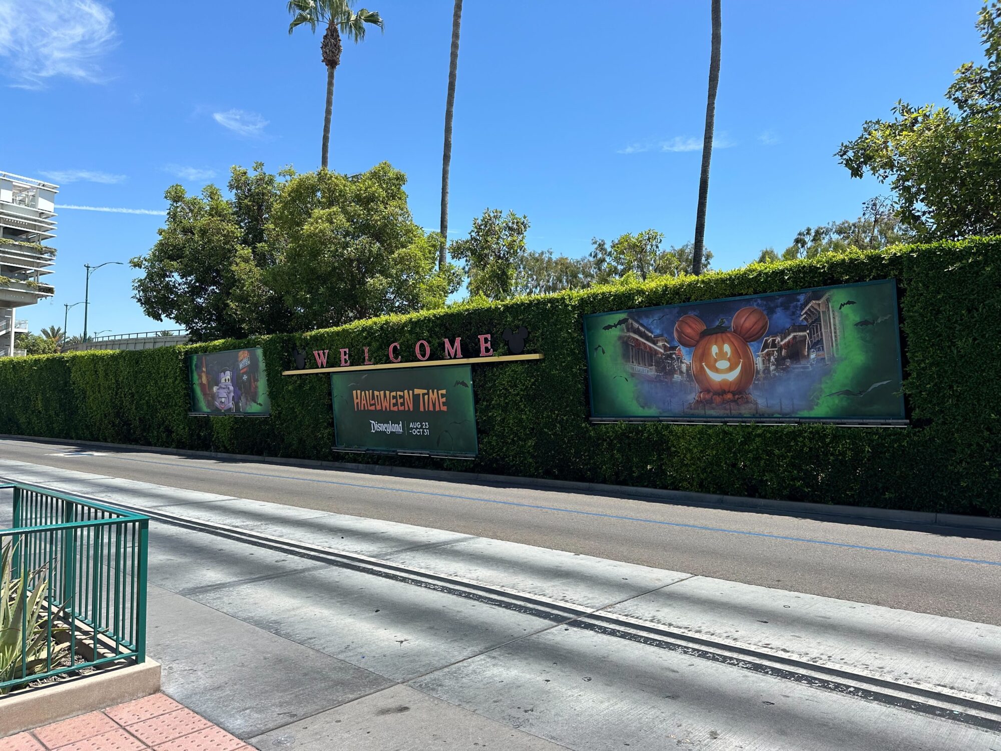 A green hedge with a "Welcome" sign and Halloween-themed decorations flanks a pedestrian walkway near a street, with palm trees and a clear blue sky in the background.