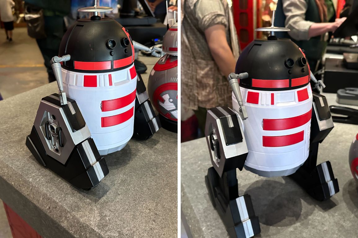 Two images depict a red, white, and black droid figure with a cylindrical body, dome-shaped head, and three legs. The droid showcases red panels and metallic details while standing on a grey countertop.