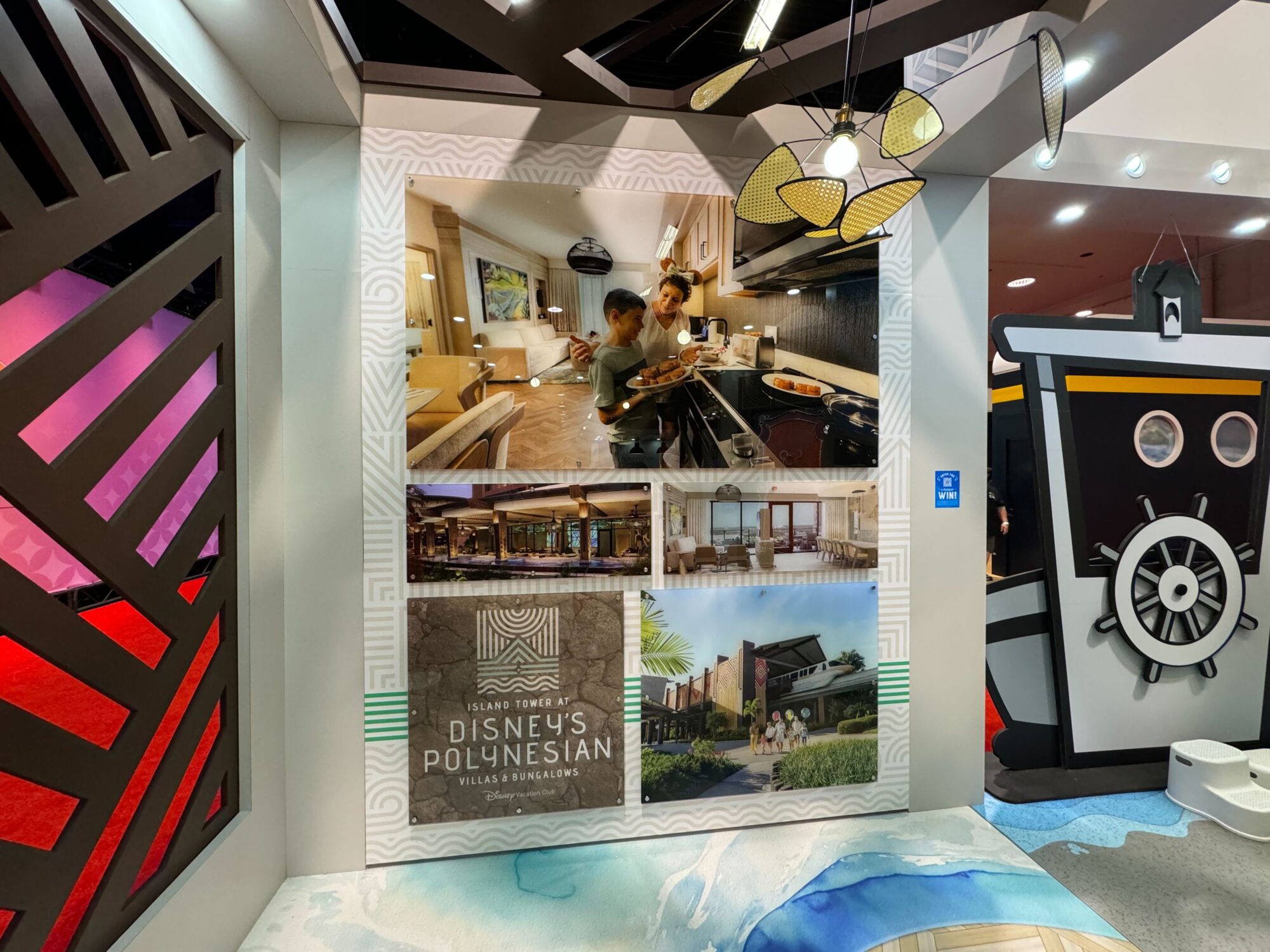 Display of Disney's Polynesian Villas & Bungalows showing a family cooking, a view of the villas, and an outdoor scene. A ship-themed play area is partially visible on the right.