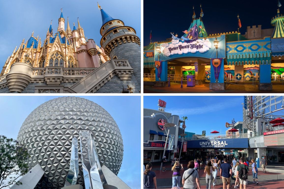 A collage of four theme park attractions: a castle, an animated boat ride entrance, a geodesic sphere, and an entrance to Universal Orlando Resort with people walking, perfect for your daily recap.