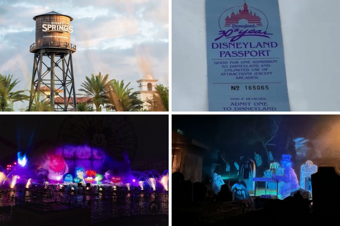 A collage: a water tower labeled Disney Springs, a Disneyland passport, projected characters on water at night, and an eerie, glowing scene with costumed characters. Perfect for your daily recap of enchanting moments and magical memories.