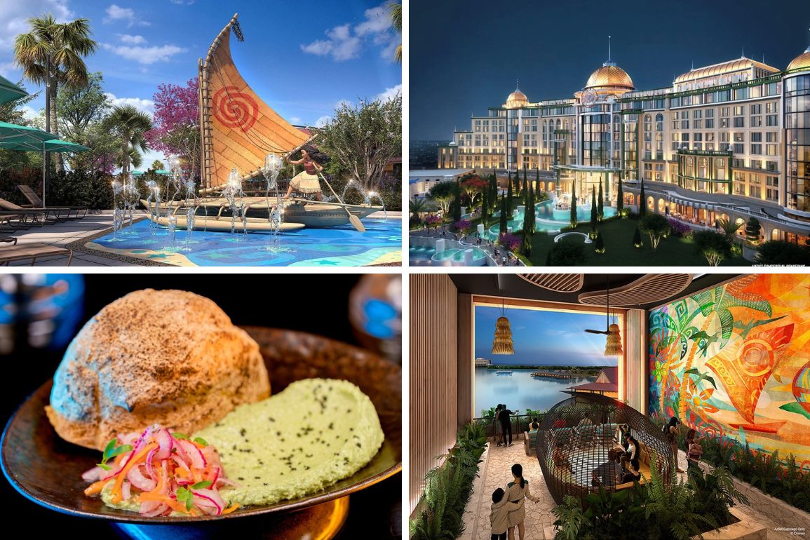 A collage of four images offers a daily recap of a tropical resort, featuring a pool with statues, a luxurious hotel illuminated at night, a dish with bread and spread, and an indoor area adorned with bird-themed murals and comfortable seating.