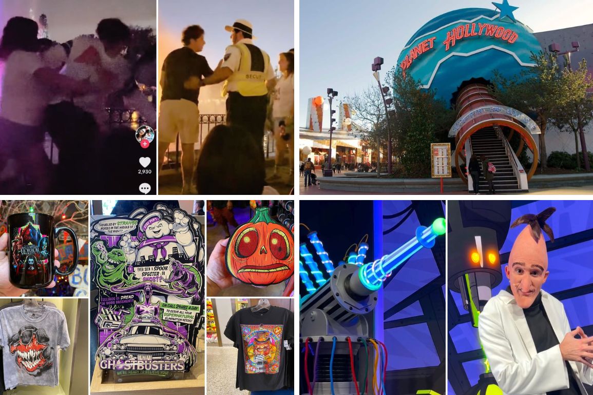 A collage featuring a theme park, costumed staff, merchandise including themed clothing and bags, a character statue, a sci-fi prop, and a Planet Hollywood restaurant offers the perfect daily recap of your adventure.
