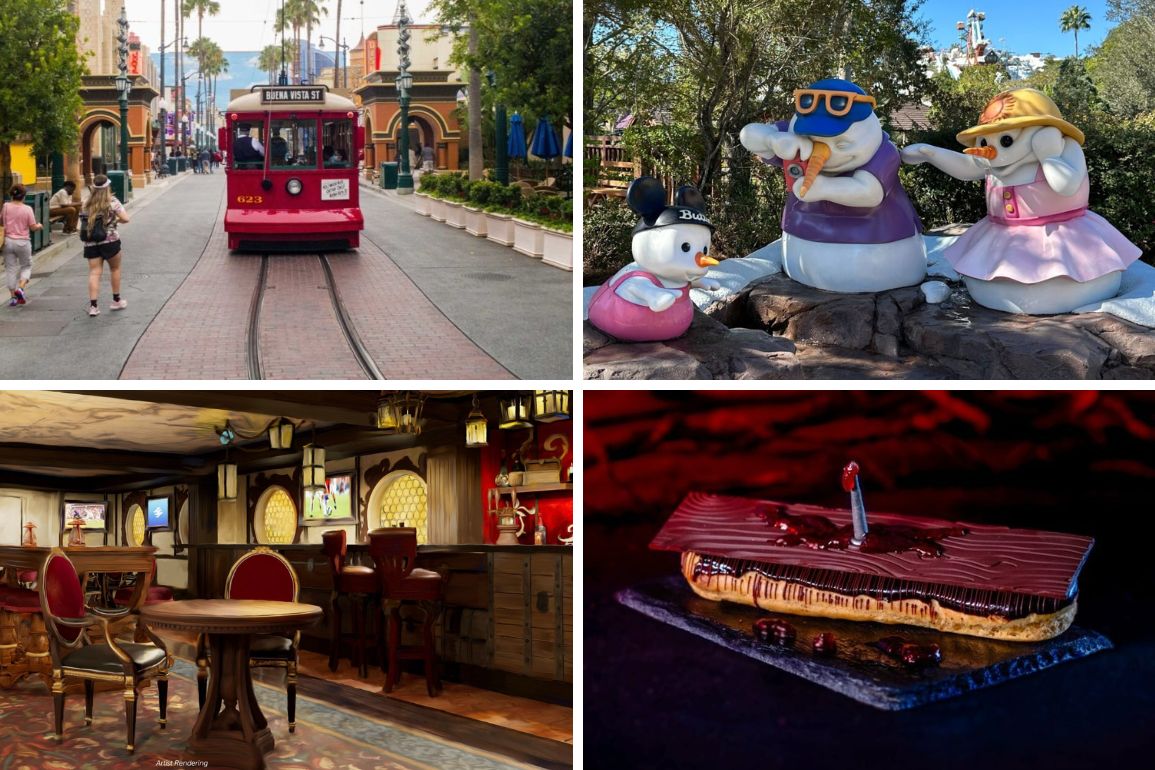 A collage for the daily recap shows a streetcar on a theme park street, two cartoon character statues eating pizza, an elaborately themed indoor restaurant, and a detailed cake in the shape of a boat.