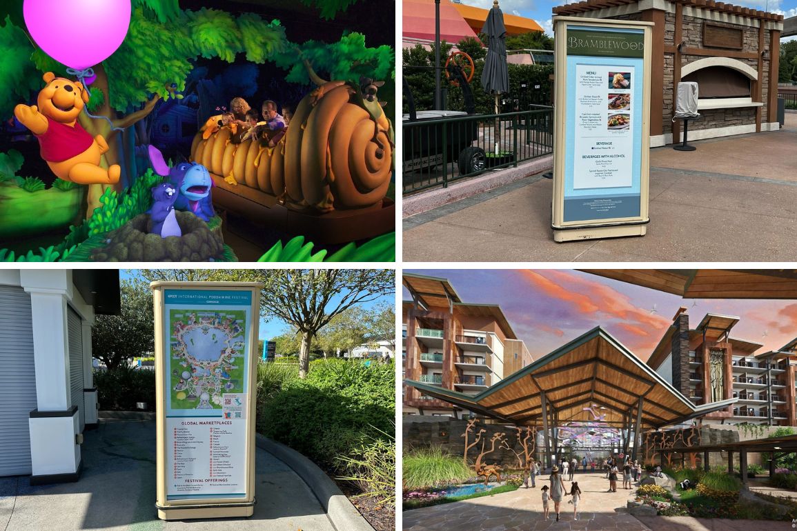 A collage of four images: Winnie the Pooh ride, Bramblewood restaurant menu, a park map, and a resort entrance with an elaborate wooden roof structure against a colorful sunset sky. Perfect for your daily recap of magical moments and dining delights.