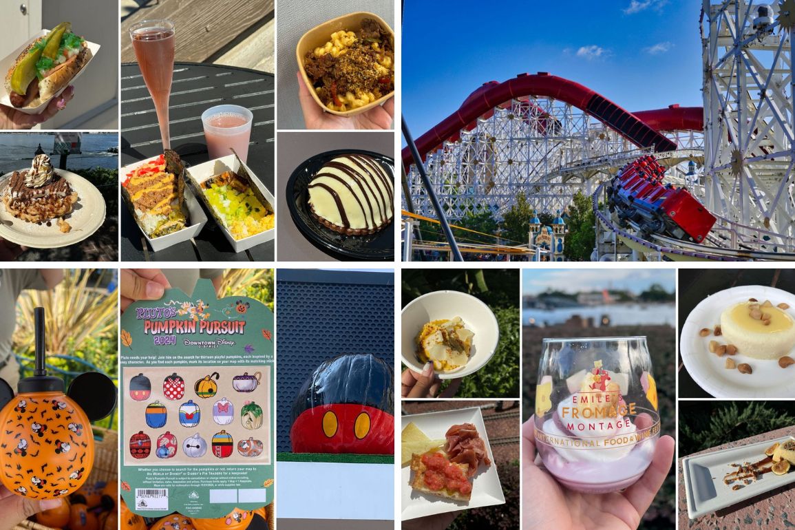 A collage of theme park food and drinks, featuring photos of various dishes, desserts, drinks, a roller coaster, a pumpkin-themed scavenger hunt card, and a Halloween-themed Mickey Mouse ornament provides the perfect daily recap of adventures.