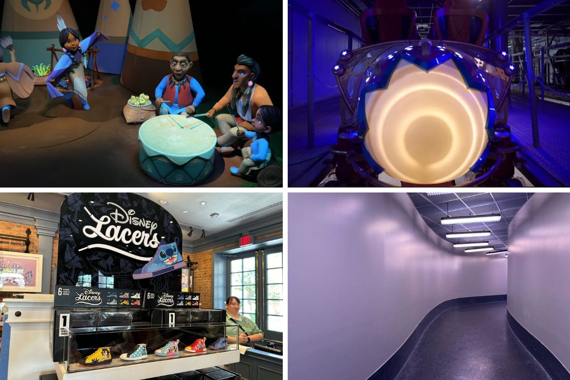 Collage of four images showing: (1) Animated characters around a drum, (2) Purple-lit circular design, (3) Shelves of Disney-themed lacers, and (4) Curved corridor with metal floor and ceiling—a perfect visual daily recap.