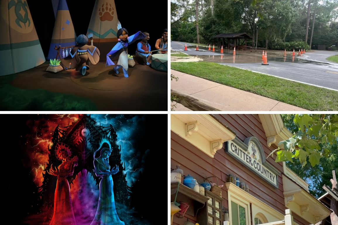 A collage of four images: a Native American display, a road with traffic cones, a fantasy illustration with two figures and a beast, and a building with a sign reading "Critter Country" forms our daily recap.
