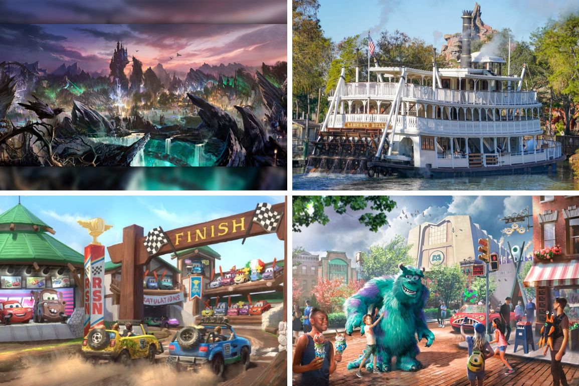 A collage of four theme park scenes captures a daily recap: a fantasy castle, a riverboat, a desert race, and a city street with a large blue monster and people.