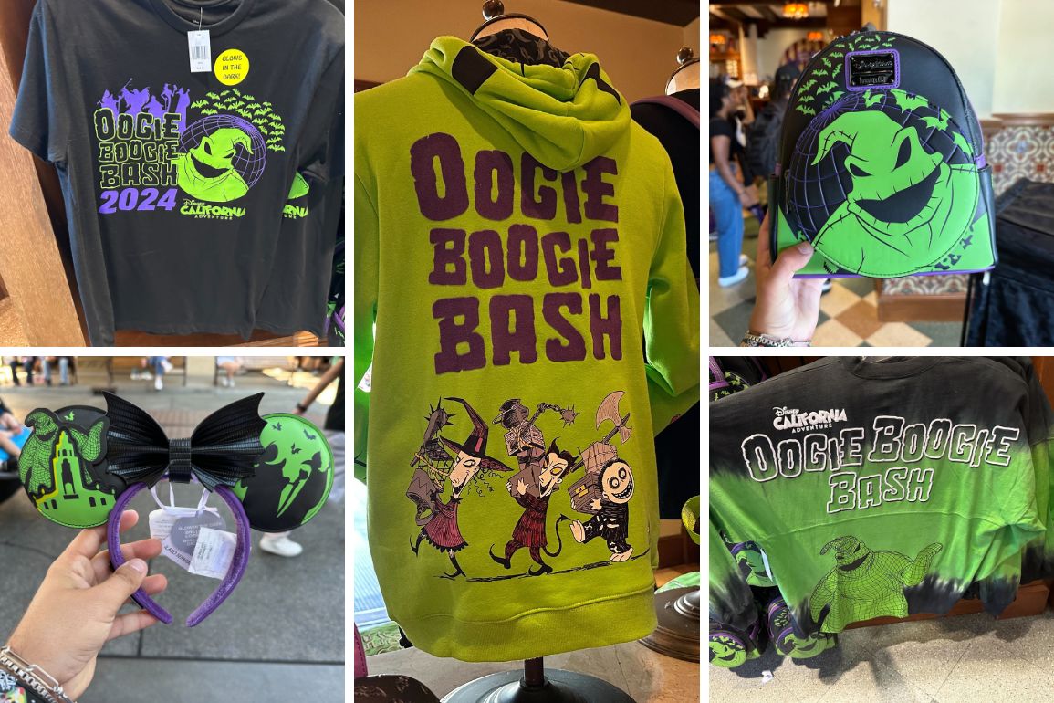 A collage of Oogie Boogie Bash merchandise, including a T-shirt, hoodie, backpack, Minnie Mouse ears, and a spirit jersey, all showcasing Oogie Boogie and Halloween-themed designs.