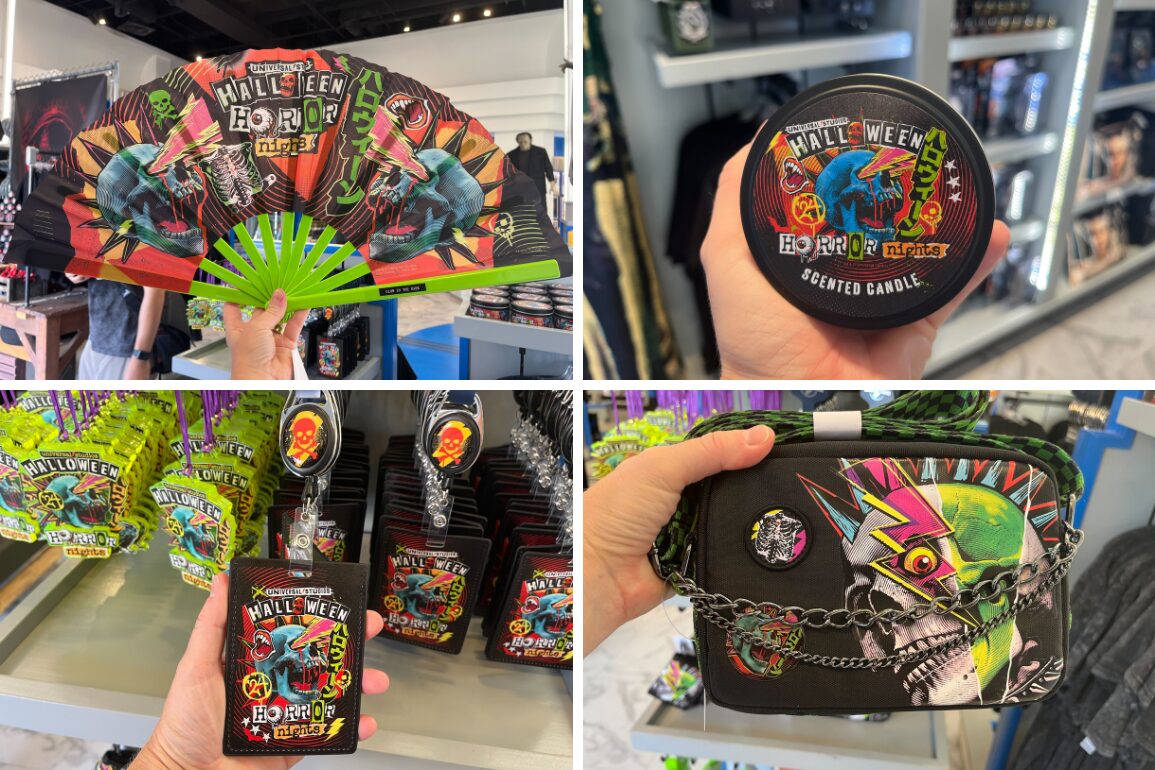 A collage of four images depicting various merchandise: hand fans, a scented candle, keychains, and a pouch, all themed with "Halloween Horror Nights.