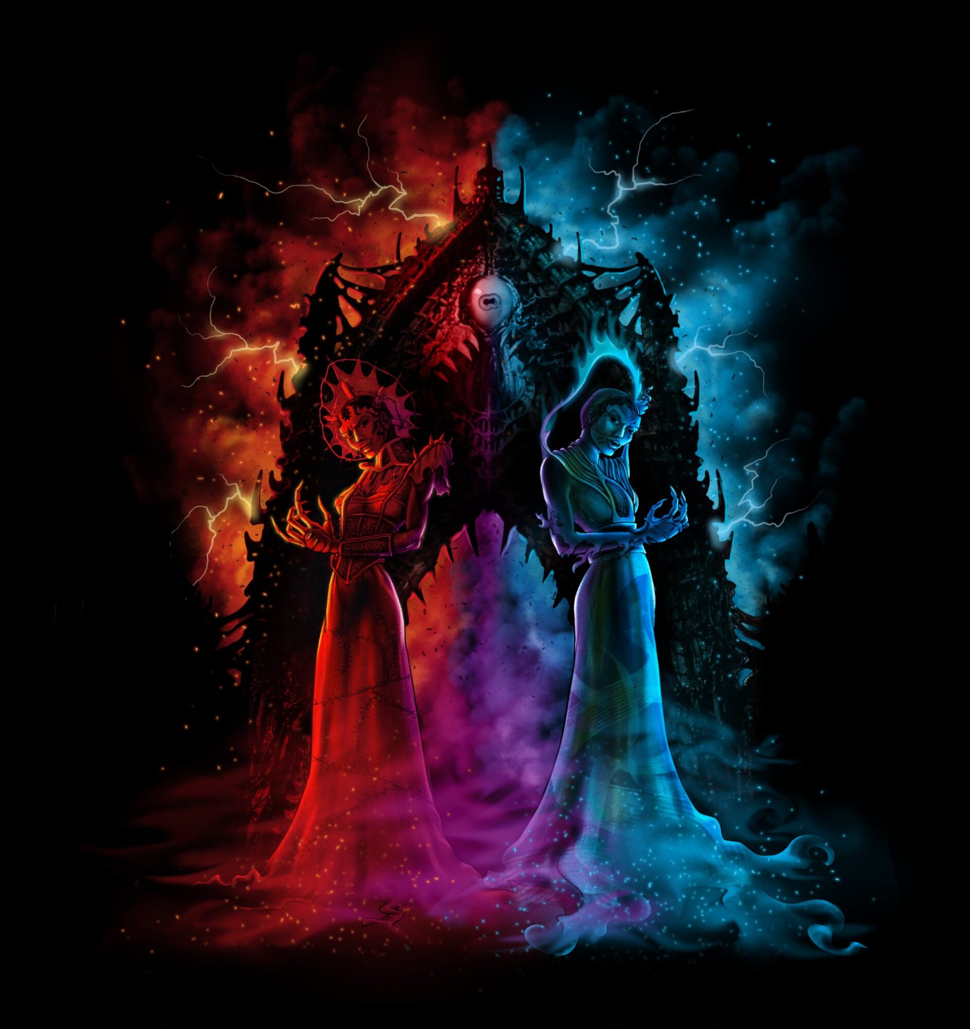 Two ethereal figures stand back-to-back, one in red and the other in blue, in front of a dark, mystical structure with glowing accents amidst a swirling, colorful background. This haunting scene brings to life the Icons Lore of Halloween Horror Nights 33 at Universal Orlando.