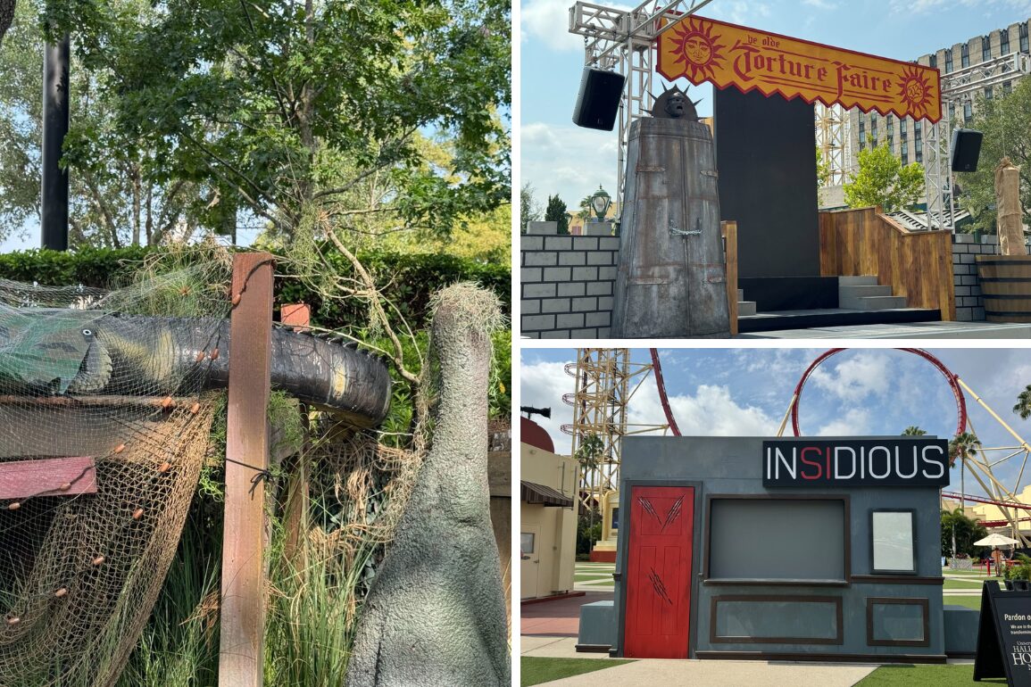 Three images of a theme park: one shows a dinosaur figure partially obscured by foliage, the second is a stage with a "The Torture Faire" sign, and the third depicts a building decorated with "INSIDIOUS" signage—perfectly capturing the thrills of Halloween Horror Nights.