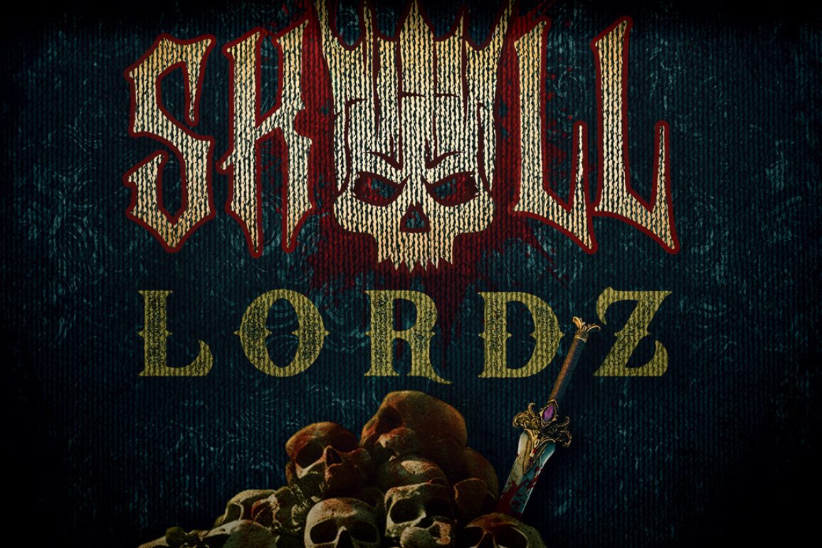 Text reading "Skull Lordz" in gothic font, with a skull graphic between "Skull" and "Lordz." Below the text, a pile of skulls and a sword are visible.