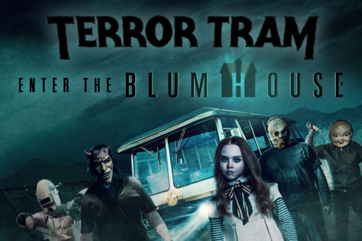A group of people in eerie costumes stand in front of a bus with a sign above them that reads "Terror Tram: Enter the Blumhouse" against a gloomy background.