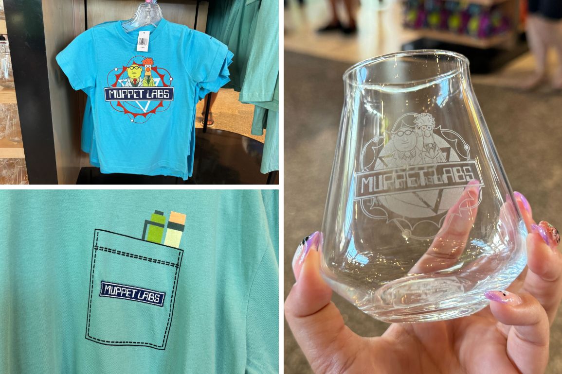Blue T-shirt with "Muppet Labs" and embroidered pocket design on display alongside a clear glass featuring the same logo being held up, part of the 2024 EPCOT International Food & Wine Festival merchandise collection.