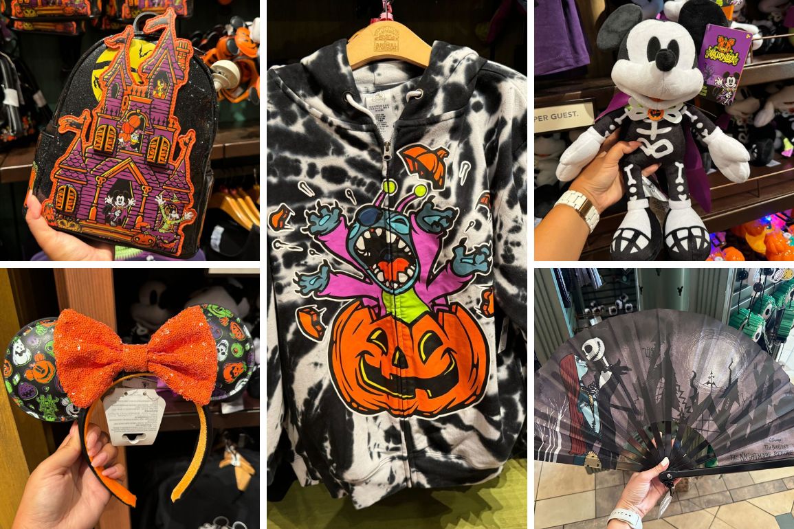 A collage displays new Halloween 2024 merchandise: a haunted house decoration, a tie-dye hoodie, a skeleton Mickey plush, Halloween Minnie Mouse ears, and a fan featuring spooky characters. Explore these Walt Disney World treasures and check out the latest prices for each unique item.