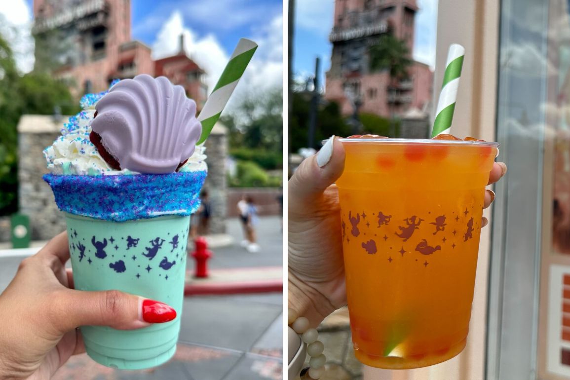 Two different drinks held by hands with painted nails. Left: a blue milkshake topped with whipped cream, blue sugar, and a purple shell-shaped cookie. Right: an orange drink with a green straw and translucent beads.