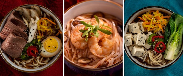 Three bowls of ramen: the first with beef, egg, and vegetables; the second with shrimp and greens; the third with tofu, bok choy, and vegetables. Perfect for your daily recap meal to capture a variety of flavors.