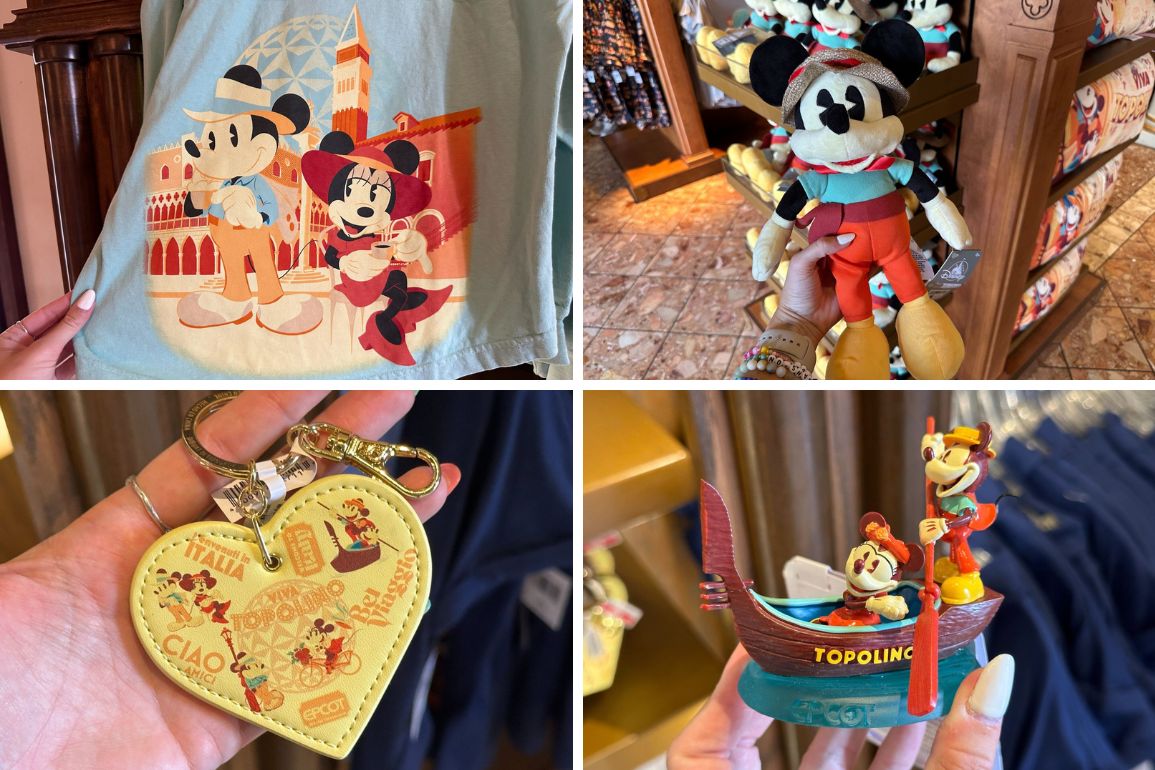 A collage of Disney-themed merchandise featuring Mickey Mouse, including a T-shirt, a plush toy in traditional attire, a heart-shaped keychain, and a figurine of Mickey in a boat labeled "Topolino," perfect for any Topolino terrace.