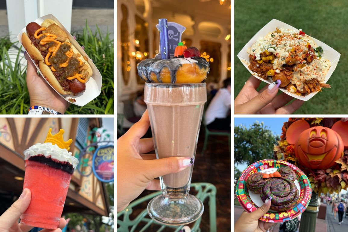 A collage showcasing Magic Kingdom Halloween-themed foods, featuring a chili hot dog, a spooky milkshake, a sriracha corn dish, a red slushie with a crown, a sweet roll, and a Mickey-shaped cinnamon roll.