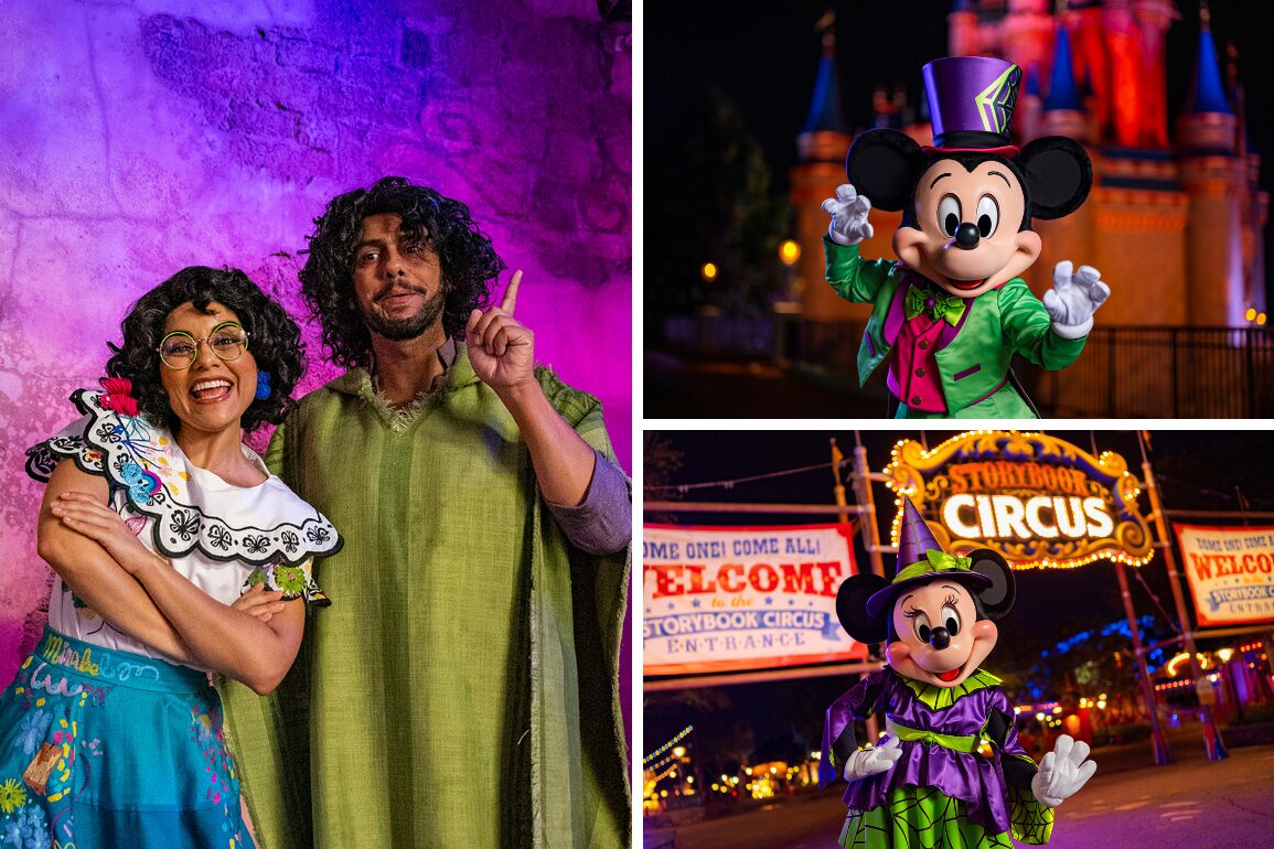 Two individuals in colorful costumes on the left; Mickey Mouse character in a green outfit in front of a castle top right; Minnie Mouse character in a purple outfit in front of a circus entrance bottom right.
