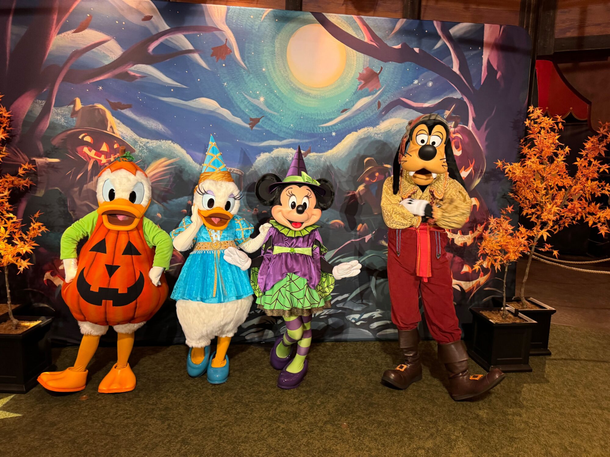 Four costumed characters, including a pumpkin-themed duck, a blue-dressed duck, a Halloween-themed mouse, and Elio the dog in pirate attire, pose in front of a Halloween backdrop with two decorated trees.