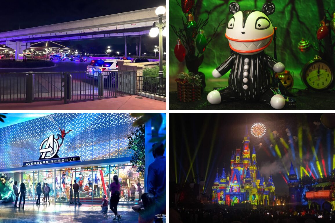 Collage of four images: monorail and parked vehicles at night, a Jack Skellington figurine in a holiday setting, entrance of Avengers Reserve with people outside, and a colorful, illuminated castle at night. Perfect for your daily recap!