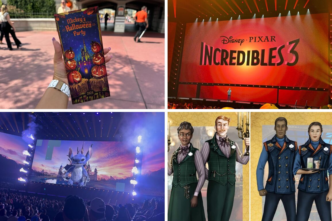A hand holding a "Mickey’s Halloween Party" pamphlet, "Incredibles 3" announcement on stage, Toothless from "How to Train Your Dragon" on a large screen at an event, and character costumes from Disney—all captured in today's daily recap.
