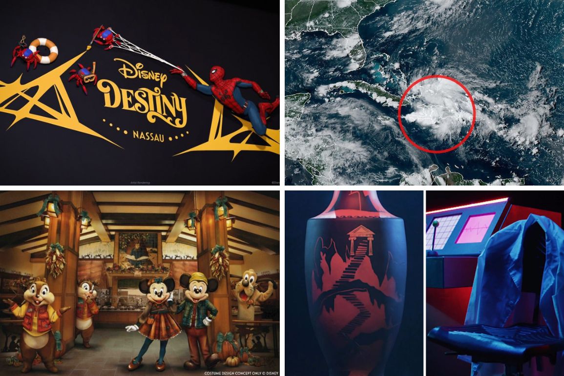 A daily recap collage featuring the Disney cruise logo, Spider-Man, a weather satellite image, five Disney characters dressed for fall, a themed vase, and a high-tech control chair.