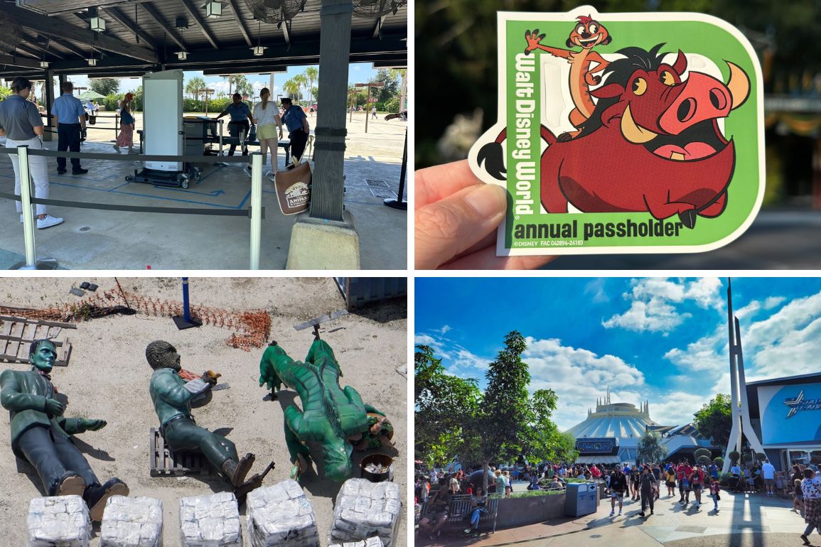 People pass through a security checkpoint; a hand holds an annual passholder sticker; figurines of a man and a dragon lie on the ground; a crowd gathers near a white domed building—a daily recap of the bustling scene.