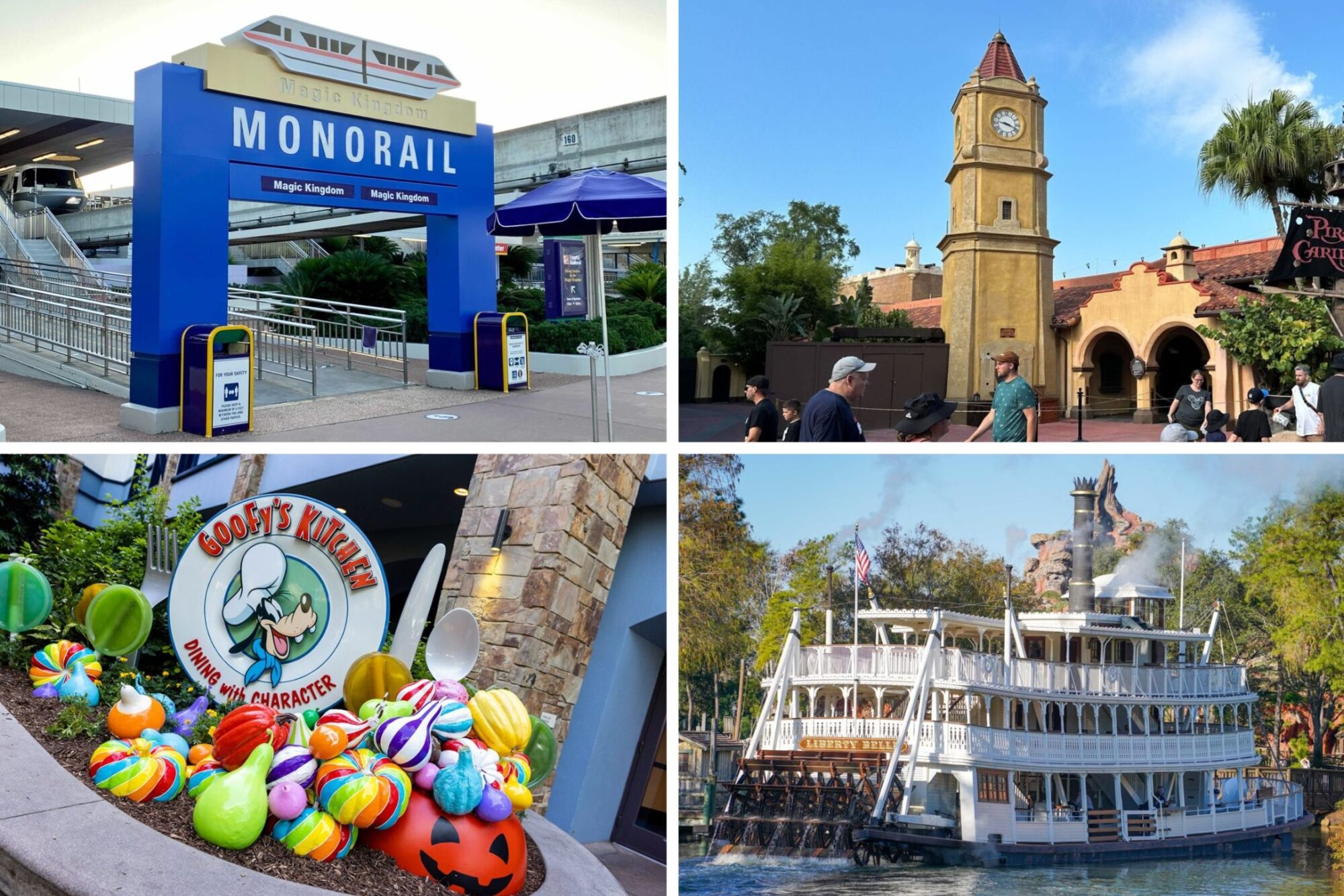 A daily recap collage features a monorail station, a clock tower in a theme park, the welcoming entrance of Goofy's Kitchen restaurant, and a riverboat gracefully floating on the lake.