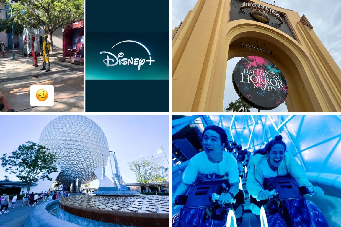 A vibrant collage featuring the Disney+ logo, the entrance to Universal Studios Halloween event, people enjoying thrilling rides, and the iconic Epcot spaceship attraction. Bottom left highlights a person in costume, perfectly capturing a fun daily recap of the magic and excitement.