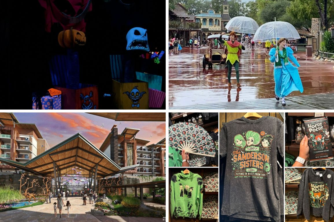 A collage featuring Halloween merchandise, people in costumes with umbrellas on a rainy street, a grand lodge entrance, and Hocus Pocus-themed shirts and fans offers a vibrant daily recap of festive scenes.