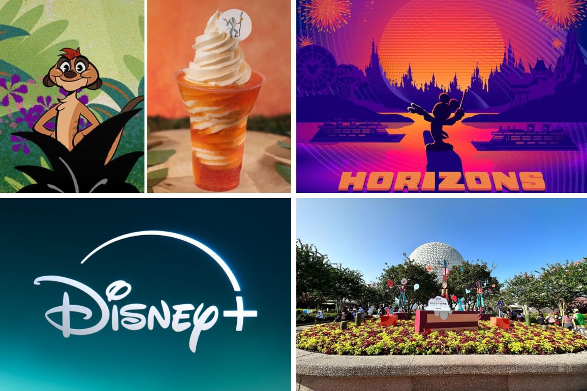 A collage featuring an animated meerkat, a soft serve swirl drink, a Horizons-themed poster, the Disney+ logo, and a flower display in front of a geodesic dome captures the essence of your daily recap.