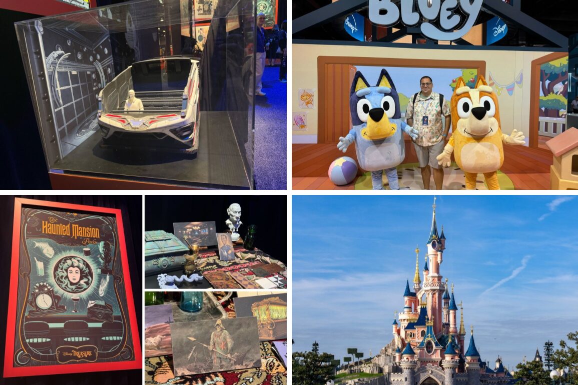 A daily recap photo collage showcasing a model car, two people in "Bluey" costumes, a "Haunted Mansion" poster, prop-adorned table, and the iconic Disneyland castle against a clear sky.